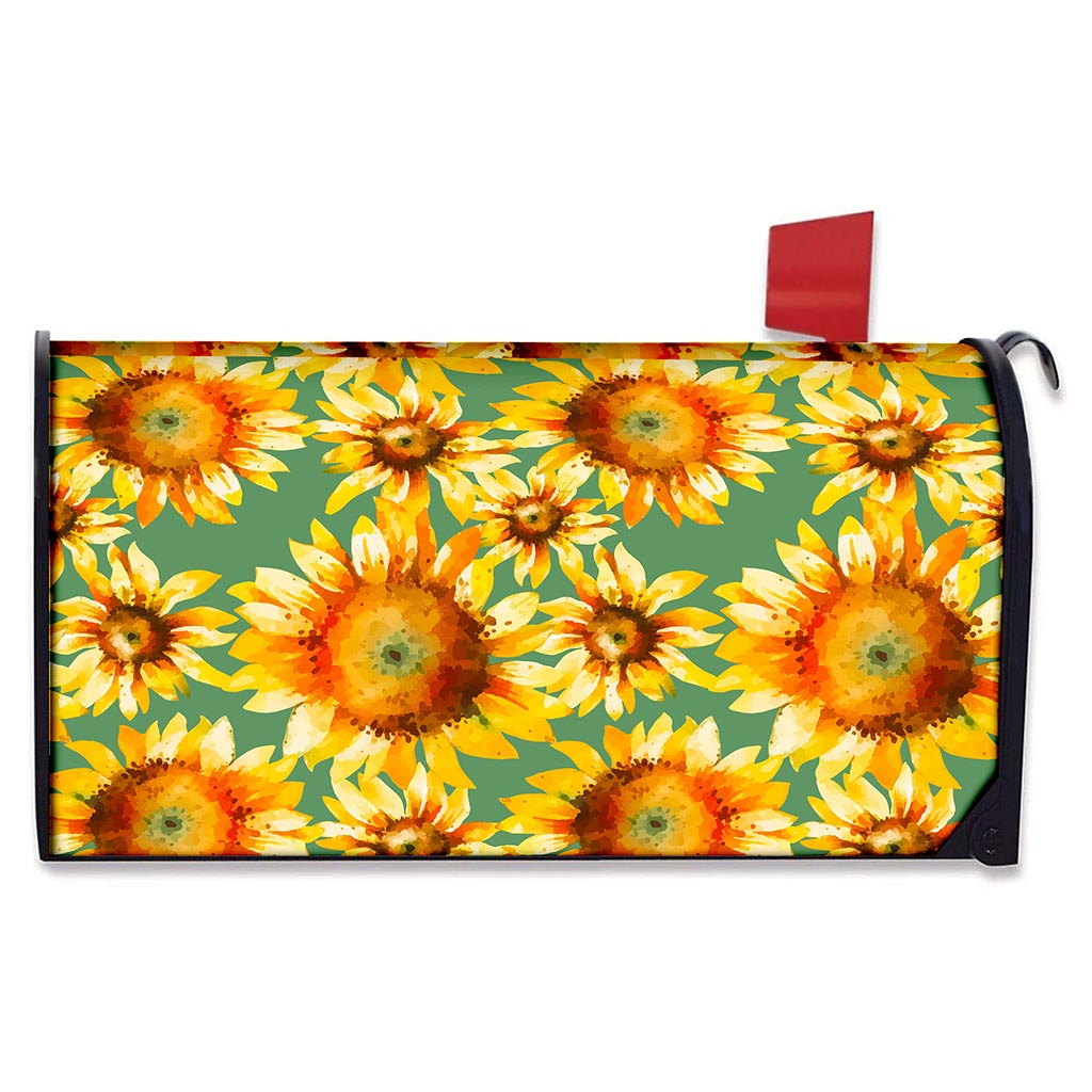 Sage Watercolor Sunflower Pattern Print Mailbox Cover