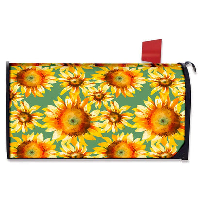 Sage Watercolor Sunflower Pattern Print Mailbox Cover