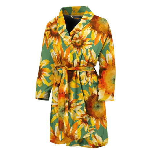 Sage Watercolor Sunflower Pattern Print Men's Bathrobe