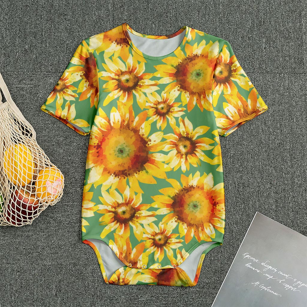 Sage Watercolor Sunflower Pattern Print Men's Bodysuit