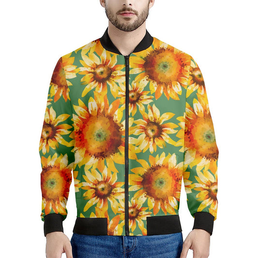 Sage Watercolor Sunflower Pattern Print Men's Bomber Jacket