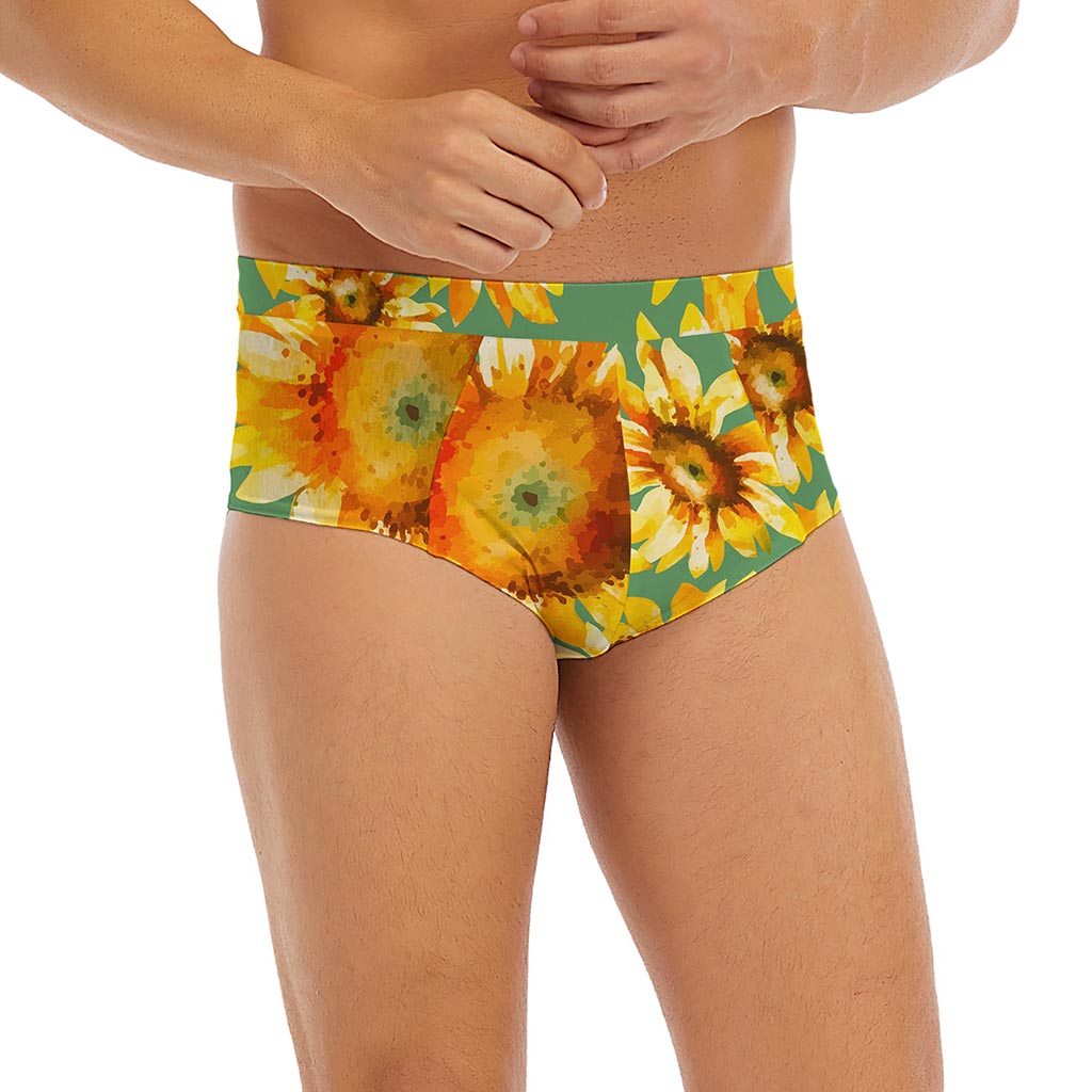 Sage Watercolor Sunflower Pattern Print Men's Briefs