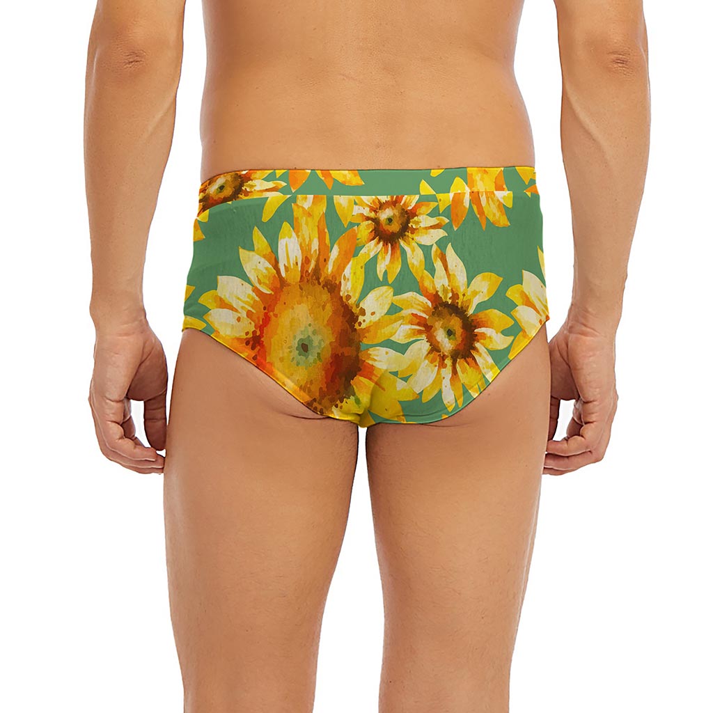 Sage Watercolor Sunflower Pattern Print Men's Briefs