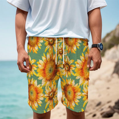 Sage Watercolor Sunflower Pattern Print Men's Cargo Shorts