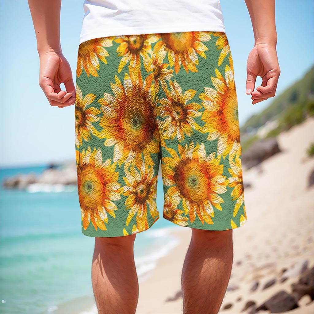 Sage Watercolor Sunflower Pattern Print Men's Cargo Shorts