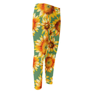 Sage Watercolor Sunflower Pattern Print Men's Compression Pants