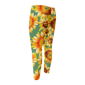 Sage Watercolor Sunflower Pattern Print Men's Compression Pants