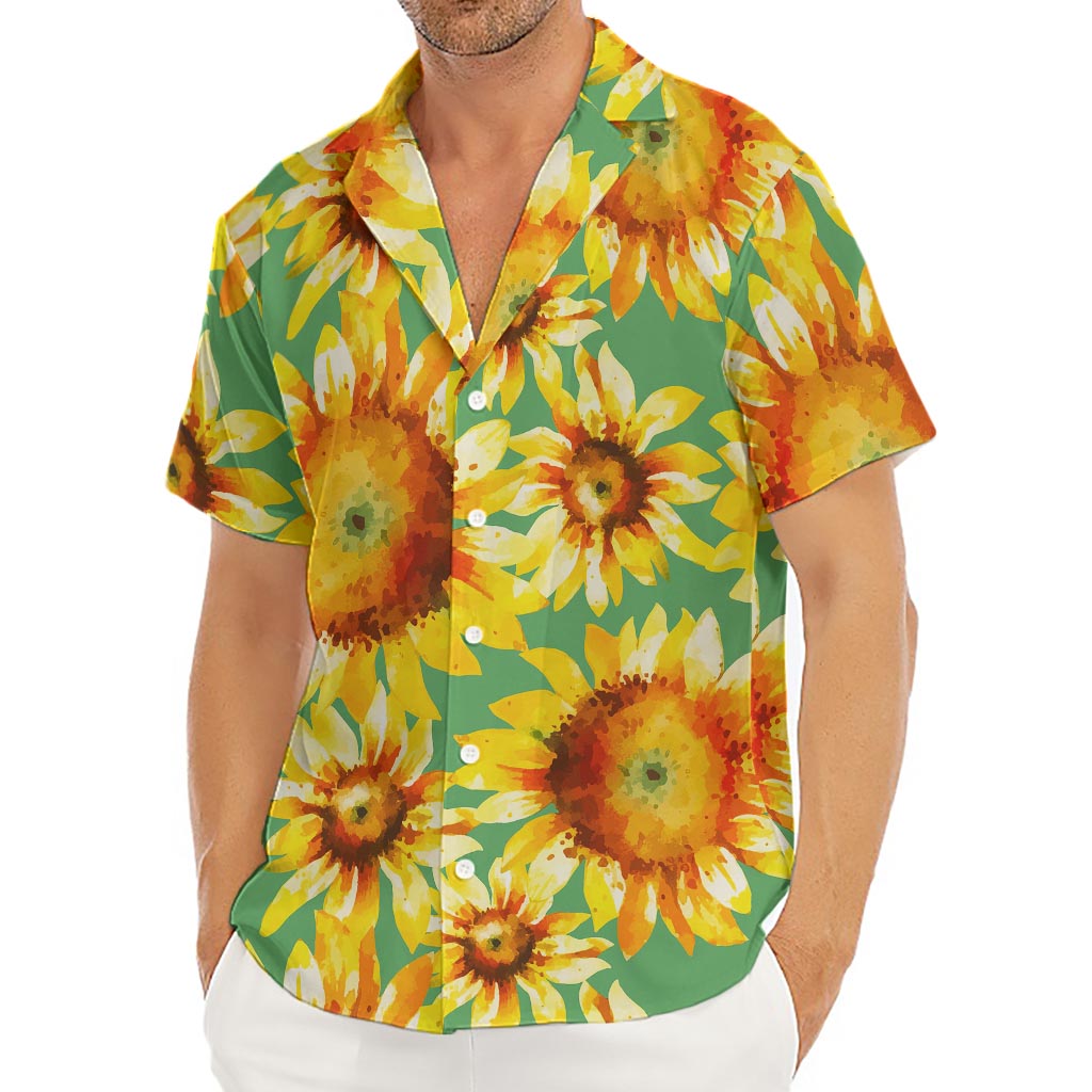 Sage Watercolor Sunflower Pattern Print Men's Deep V-Neck Shirt