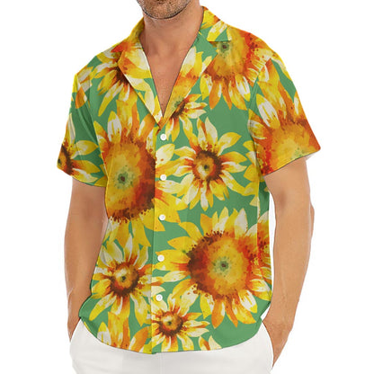 Sage Watercolor Sunflower Pattern Print Men's Deep V-Neck Shirt