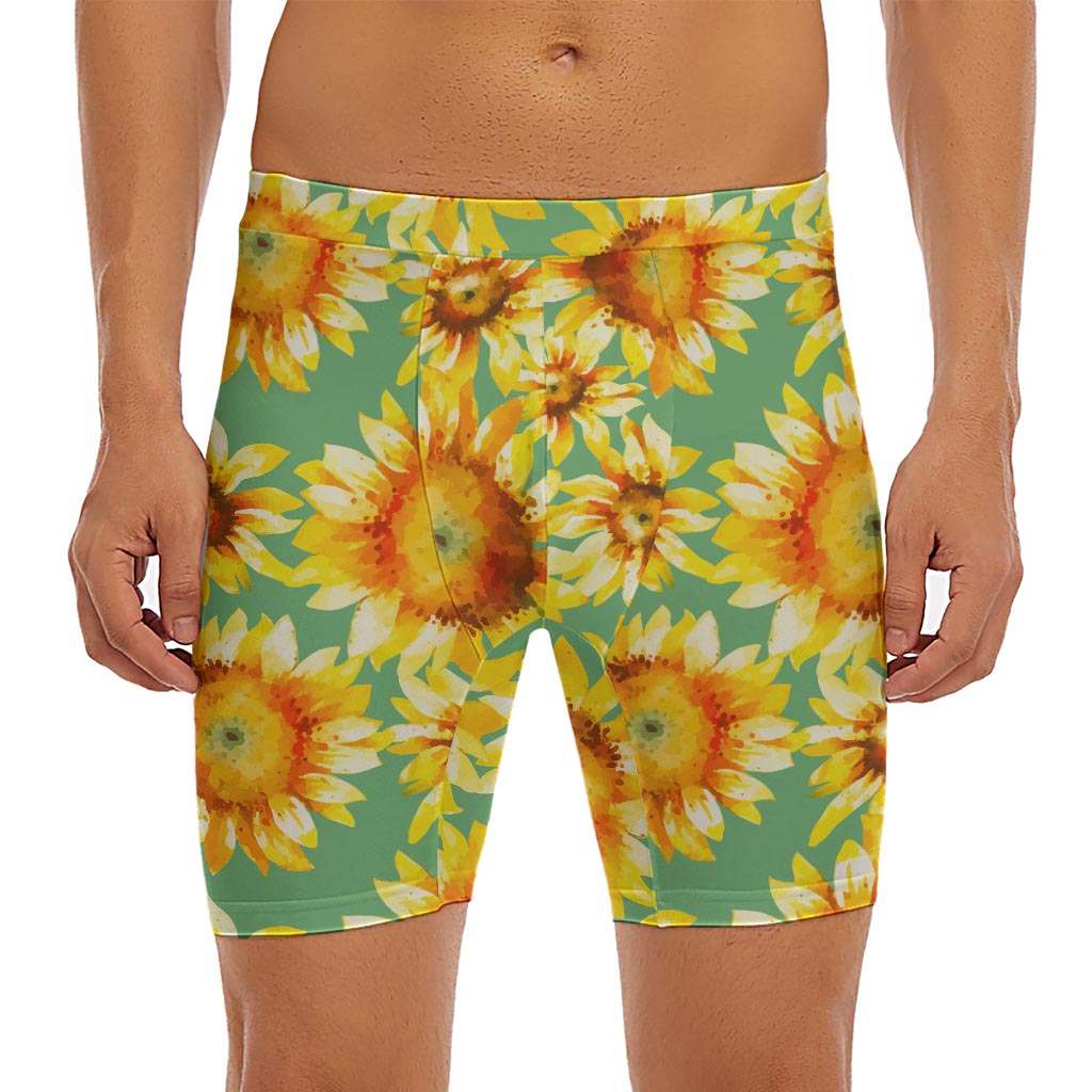 Sage Watercolor Sunflower Pattern Print Men's Long Boxer Briefs