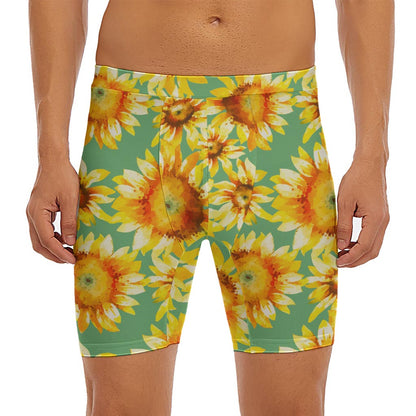 Sage Watercolor Sunflower Pattern Print Men's Long Boxer Briefs