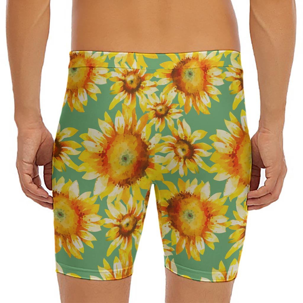 Sage Watercolor Sunflower Pattern Print Men's Long Boxer Briefs