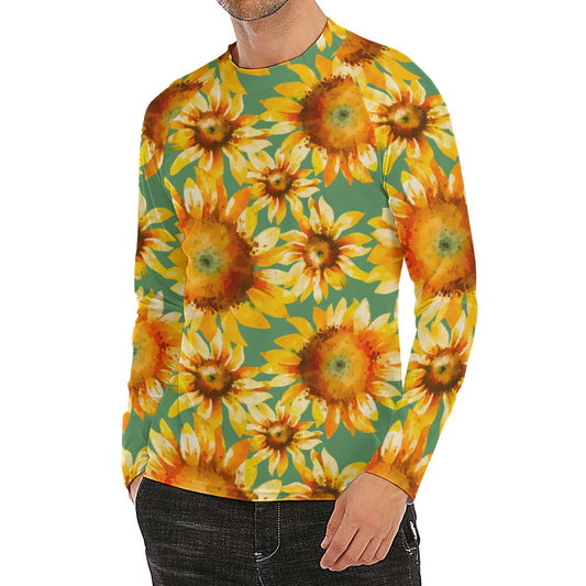 Sage Watercolor Sunflower Pattern Print Men's Long Sleeve Rash Guard