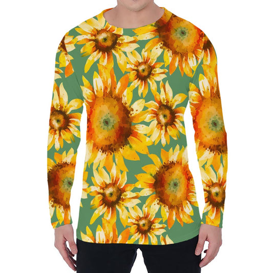 Sage Watercolor Sunflower Pattern Print Men's Long Sleeve T-Shirt