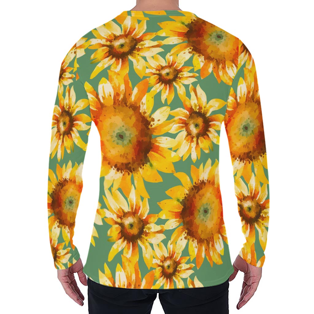 Sage Watercolor Sunflower Pattern Print Men's Long Sleeve T-Shirt