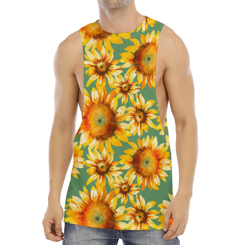 Sage Watercolor Sunflower Pattern Print Men's Muscle Tank Top