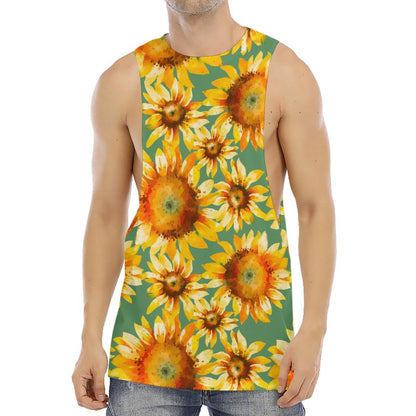 Sage Watercolor Sunflower Pattern Print Men's Muscle Tank Top