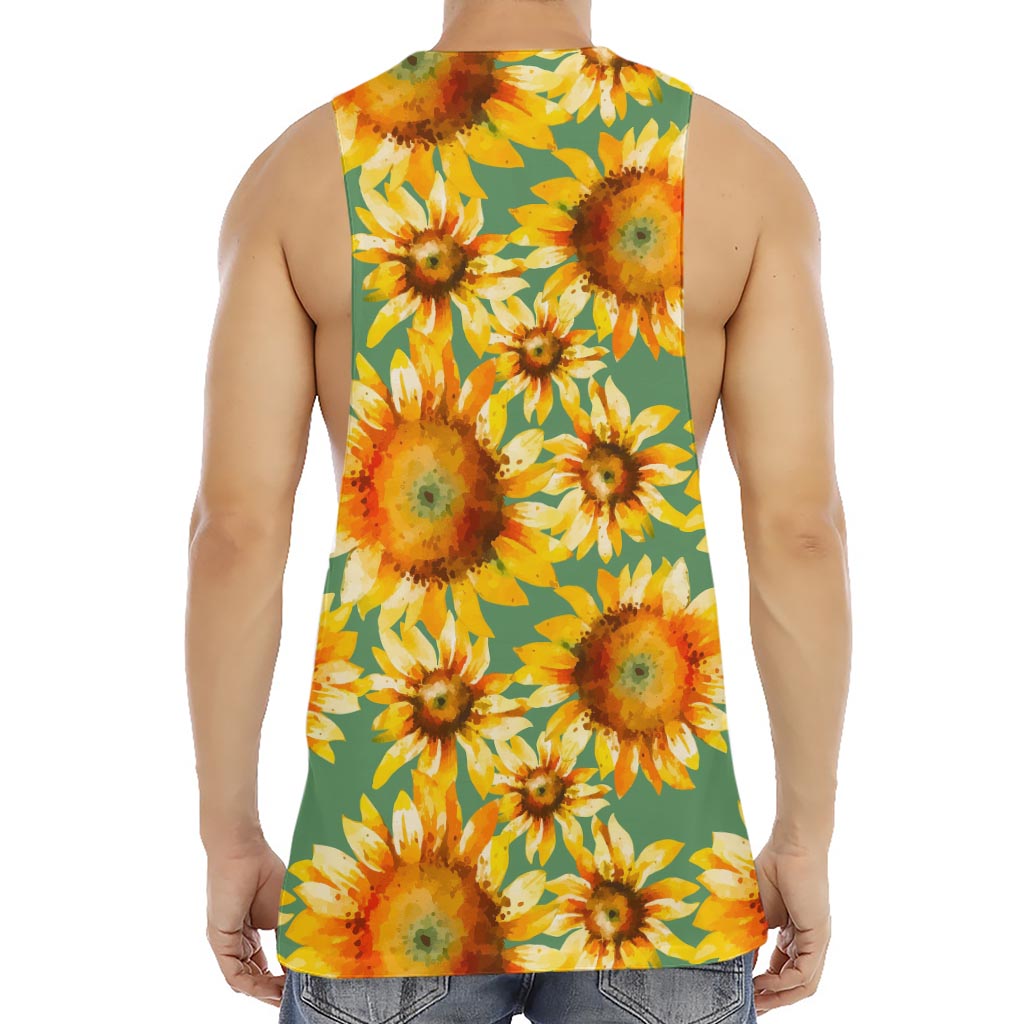Sage Watercolor Sunflower Pattern Print Men's Muscle Tank Top