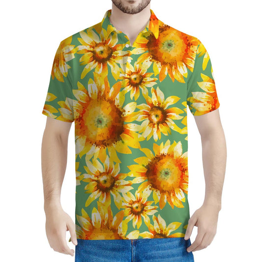Sage Watercolor Sunflower Pattern Print Men's Polo Shirt