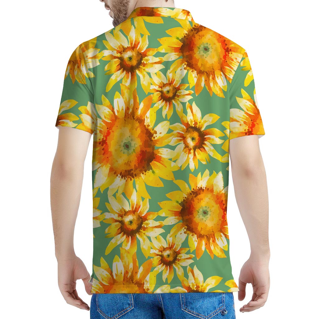 Sage Watercolor Sunflower Pattern Print Men's Polo Shirt