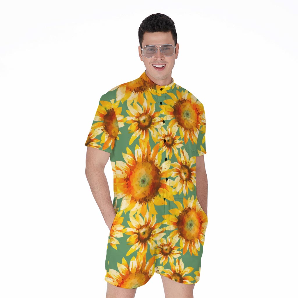 Sage Watercolor Sunflower Pattern Print Men's Rompers