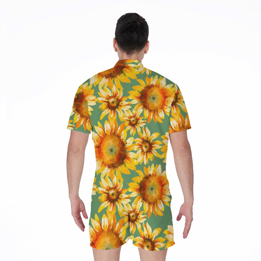 Sage Watercolor Sunflower Pattern Print Men's Rompers