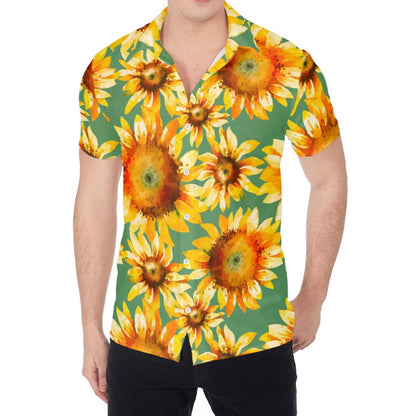 Sage Watercolor Sunflower Pattern Print Men's Shirt
