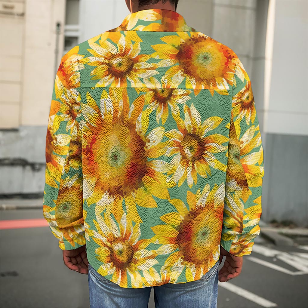 Sage Watercolor Sunflower Pattern Print Men's Shirt Jacket