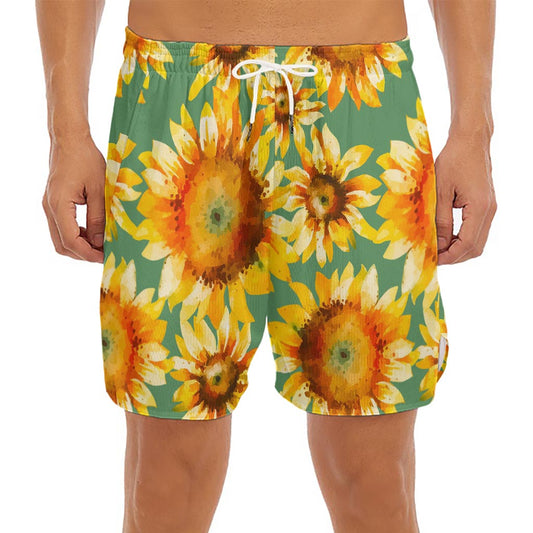 Sage Watercolor Sunflower Pattern Print Men's Split Running Shorts