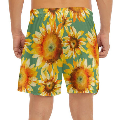 Sage Watercolor Sunflower Pattern Print Men's Split Running Shorts