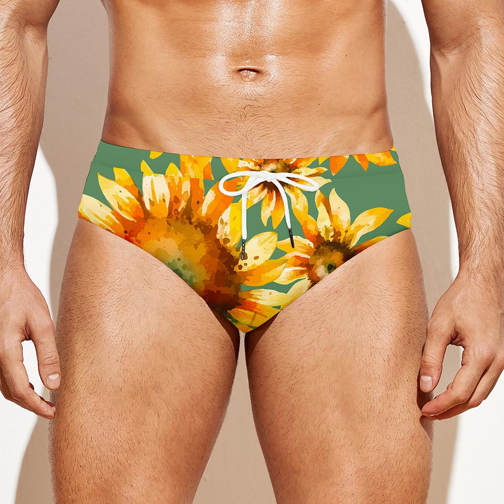 Sage Watercolor Sunflower Pattern Print Men's Swim Briefs