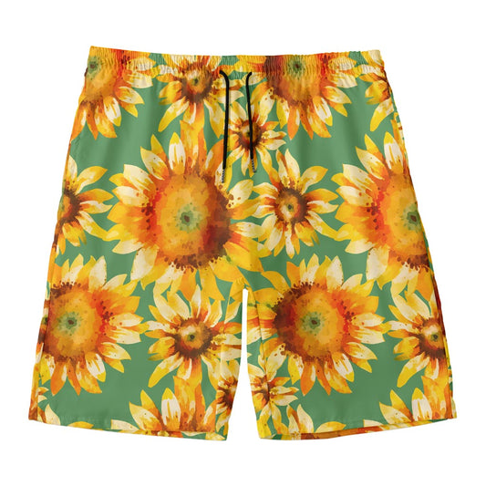 Sage Watercolor Sunflower Pattern Print Men's Swim Trunks