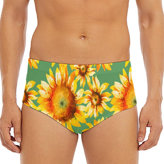 Sage Watercolor Sunflower Pattern Print Men's Triangle Swim Briefs