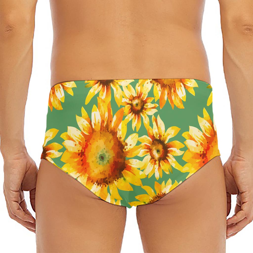 Sage Watercolor Sunflower Pattern Print Men's Triangle Swim Briefs