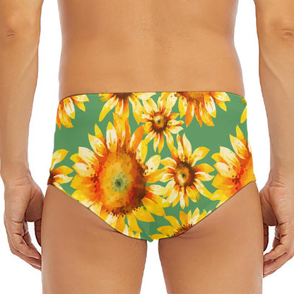 Sage Watercolor Sunflower Pattern Print Men's Triangle Swim Briefs