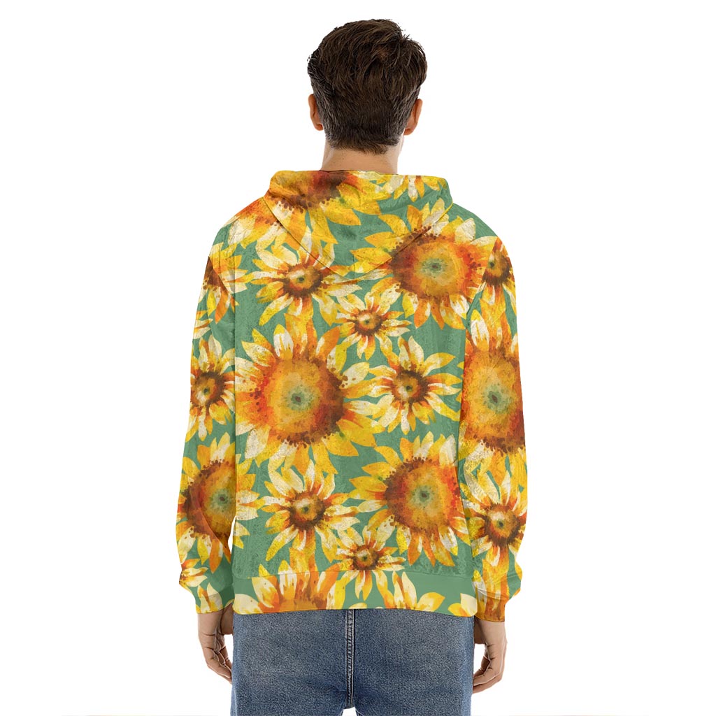 Sage Watercolor Sunflower Pattern Print Men's Velvet Pullover Hoodie