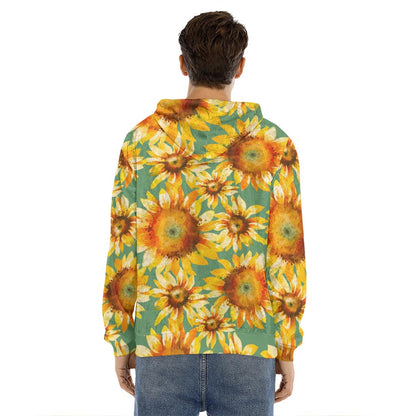 Sage Watercolor Sunflower Pattern Print Men's Velvet Pullover Hoodie