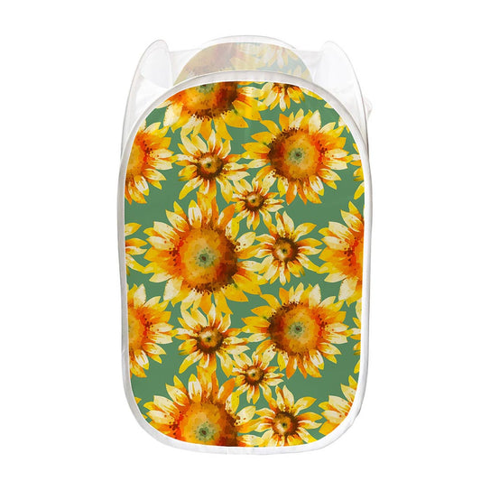 Sage Watercolor Sunflower Pattern Print Mesh Laundry Hamper