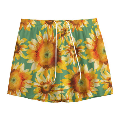 Sage Watercolor Sunflower Pattern Print Mesh Shorts