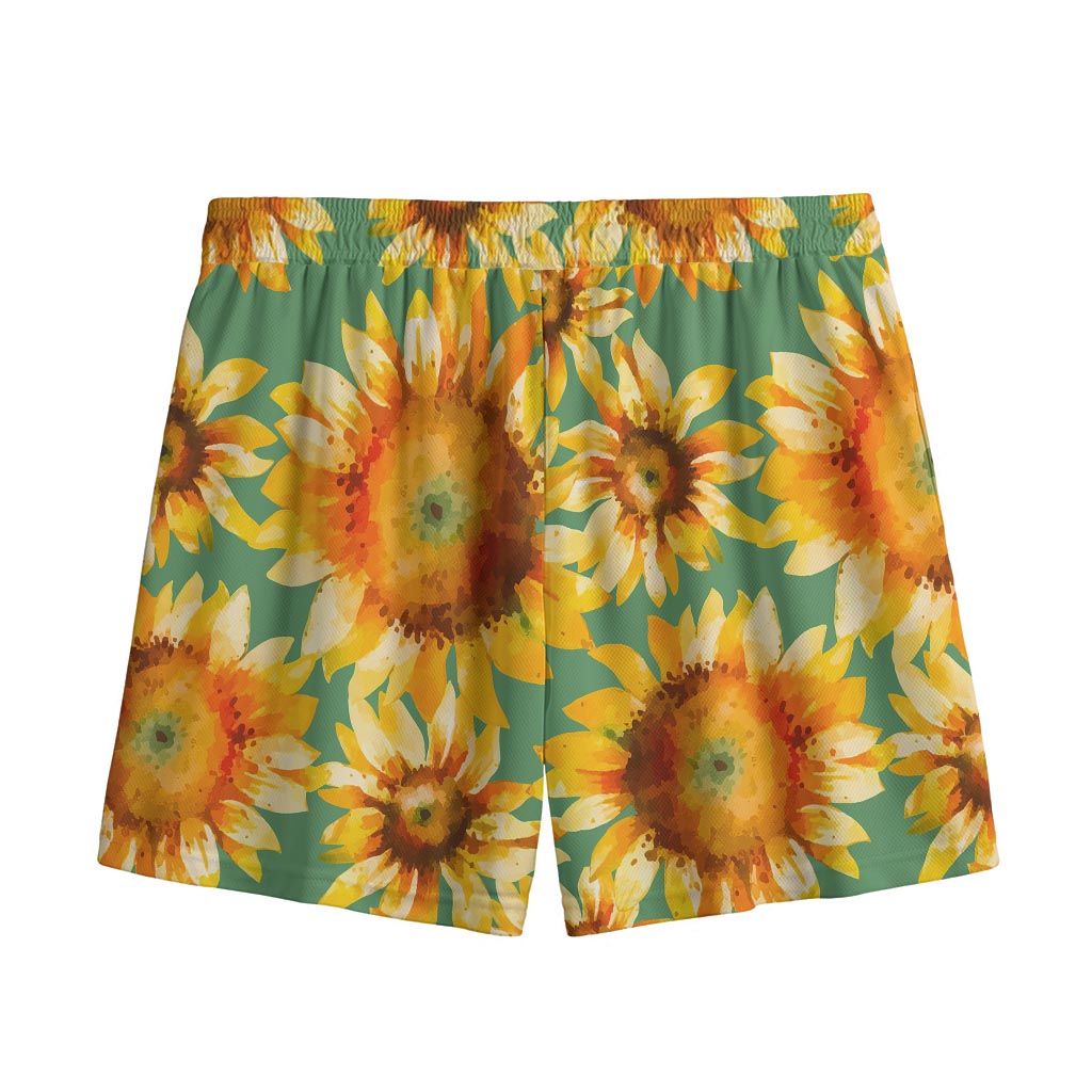 Sage Watercolor Sunflower Pattern Print Mesh Shorts