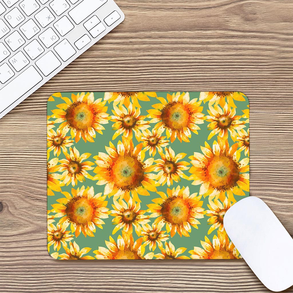 Sage Watercolor Sunflower Pattern Print Mouse Pad