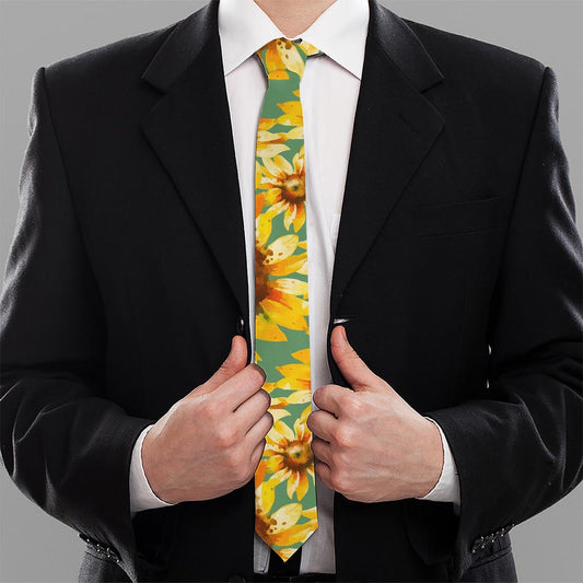 Sage Watercolor Sunflower Pattern Print Necktie