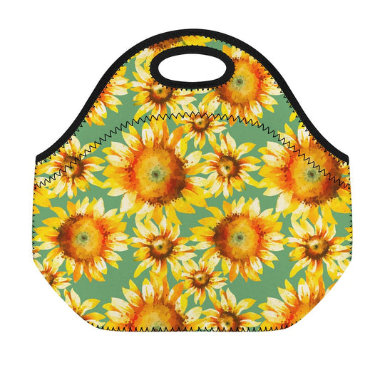 Sage Watercolor Sunflower Pattern Print Neoprene Lunch Bag