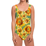 Sage Watercolor Sunflower Pattern Print One Piece Swimsuit
