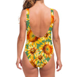 Sage Watercolor Sunflower Pattern Print One Piece Swimsuit