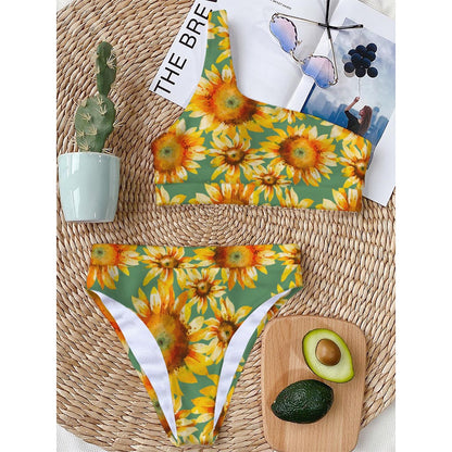 Sage Watercolor Sunflower Pattern Print One Shoulder Bikini Top