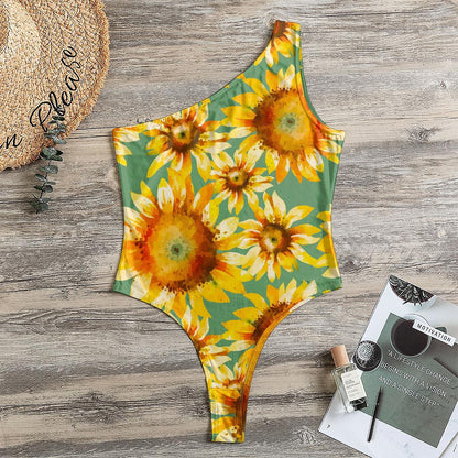 Sage Watercolor Sunflower Pattern Print One Shoulder Bodysuit
