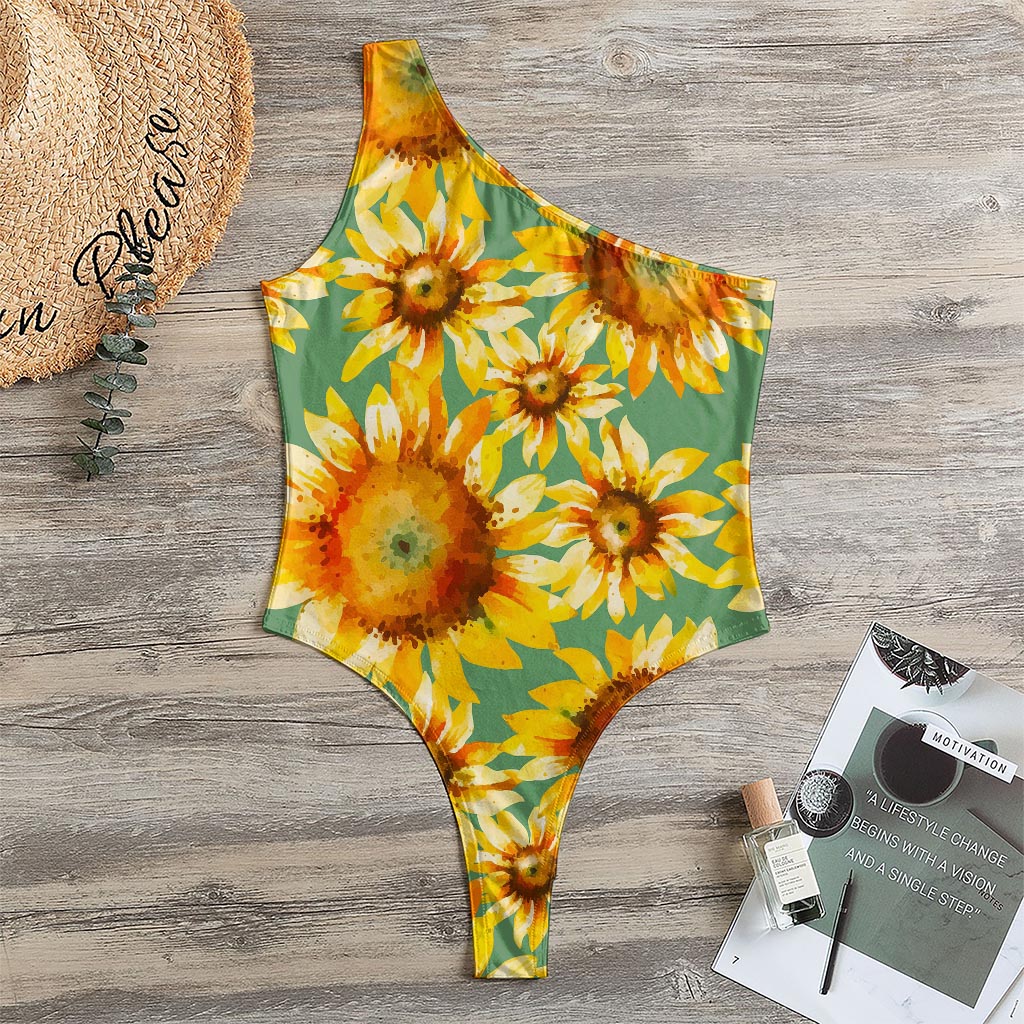 Sage Watercolor Sunflower Pattern Print One Shoulder Bodysuit