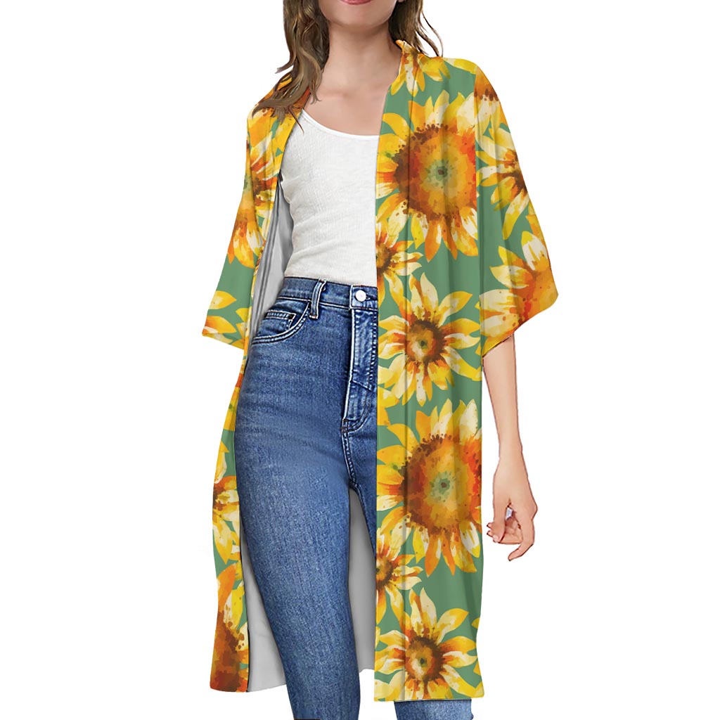 Sage Watercolor Sunflower Pattern Print Open Front Beach Cover Up
