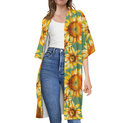Sage Watercolor Sunflower Pattern Print Open Front Beach Cover Up